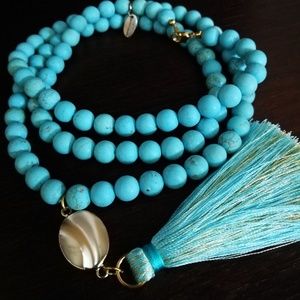 Handmade: white turquoise gemstone tassel necklace